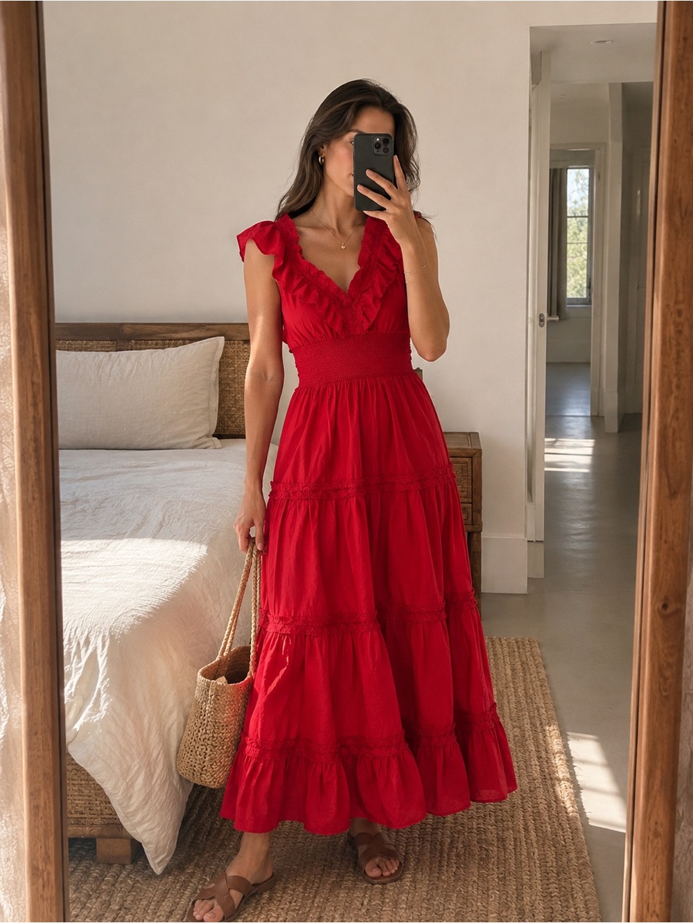Caroline Constas Red Ruffle Smocked Waist Tiered Maxi Dress XS NWT